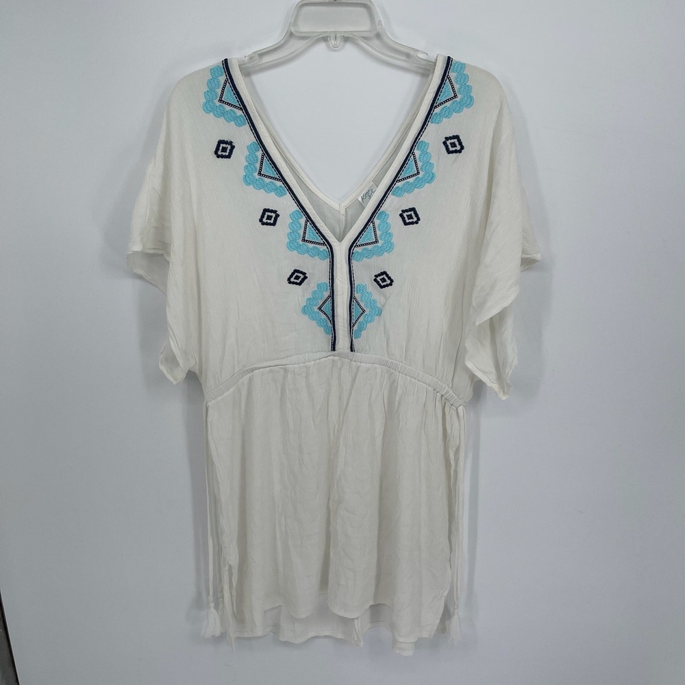 Kona Sol Women's‎ White Embroidered V-Neck Boho Beach Swim Cover Up Tunic Size L